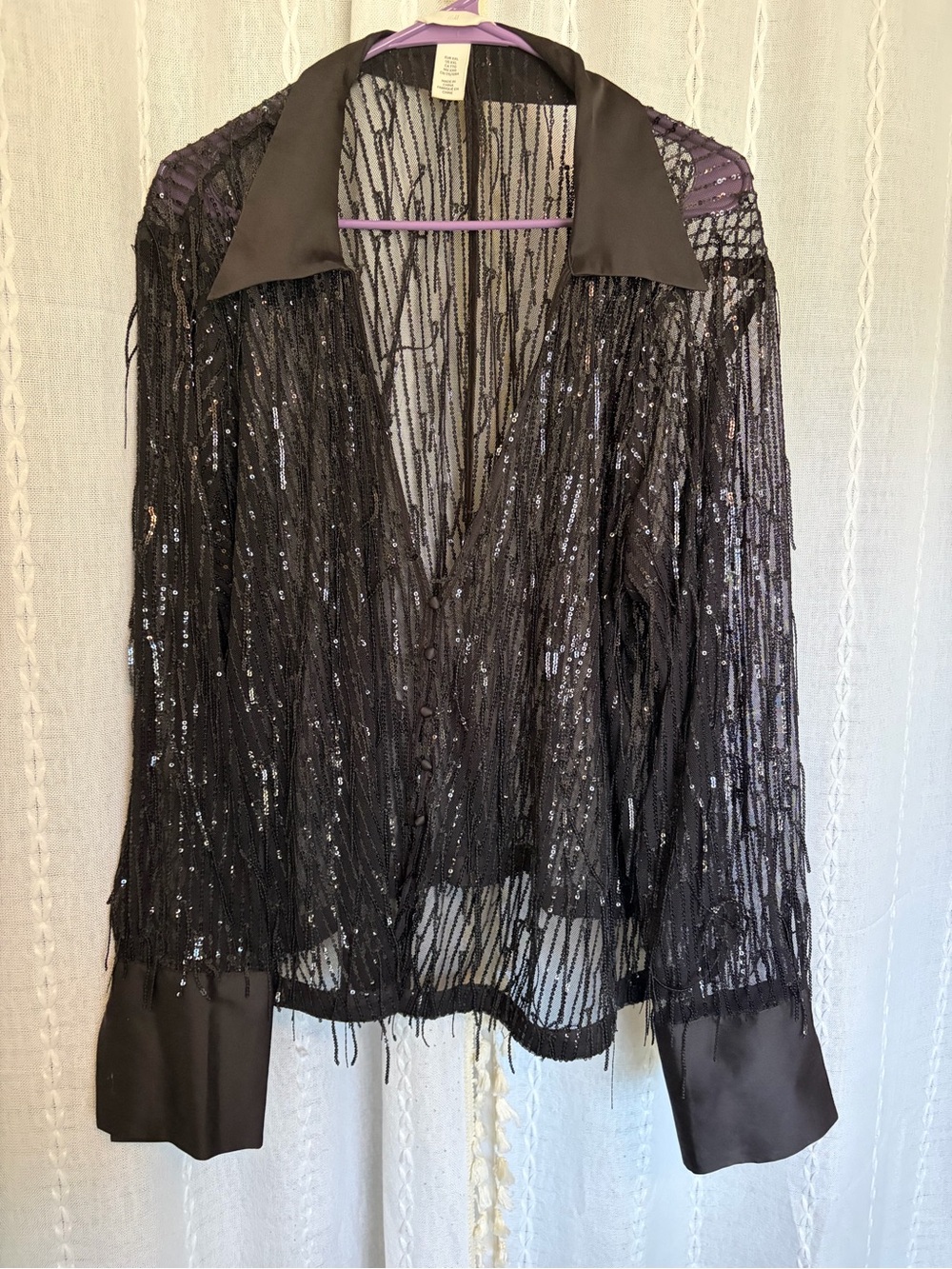 H&M Black Sheer Sequin Fringe Button-Down Shirt
